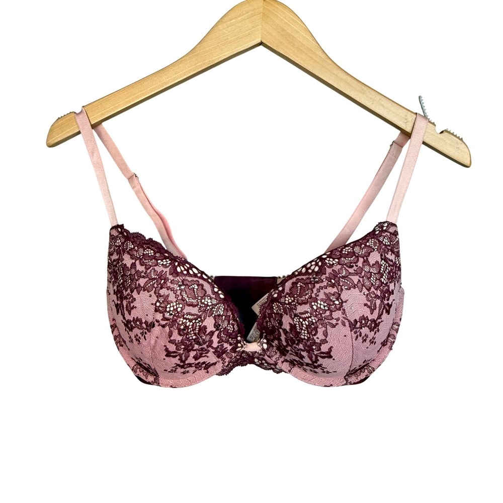Victoria's Secret Lace Push-Up Plunge Bra 32DD Plum Pink Sheer Rhinestone‎